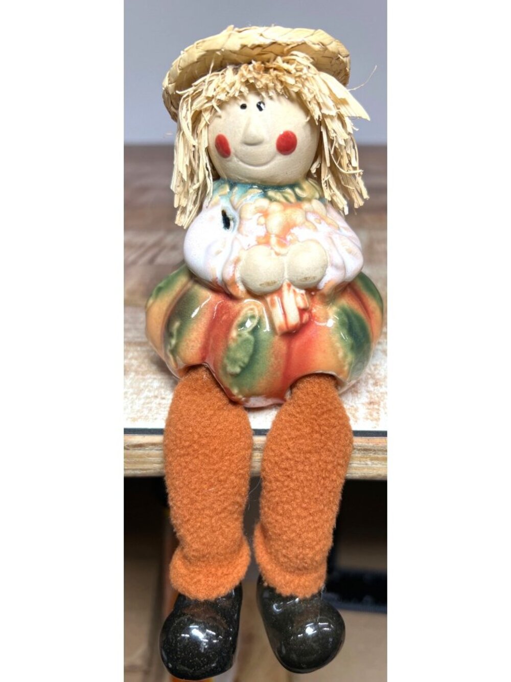 Hand-Painted Scarecrow Figurine With Straw Hat Ceramic & Felt Fall Decor7" Tall